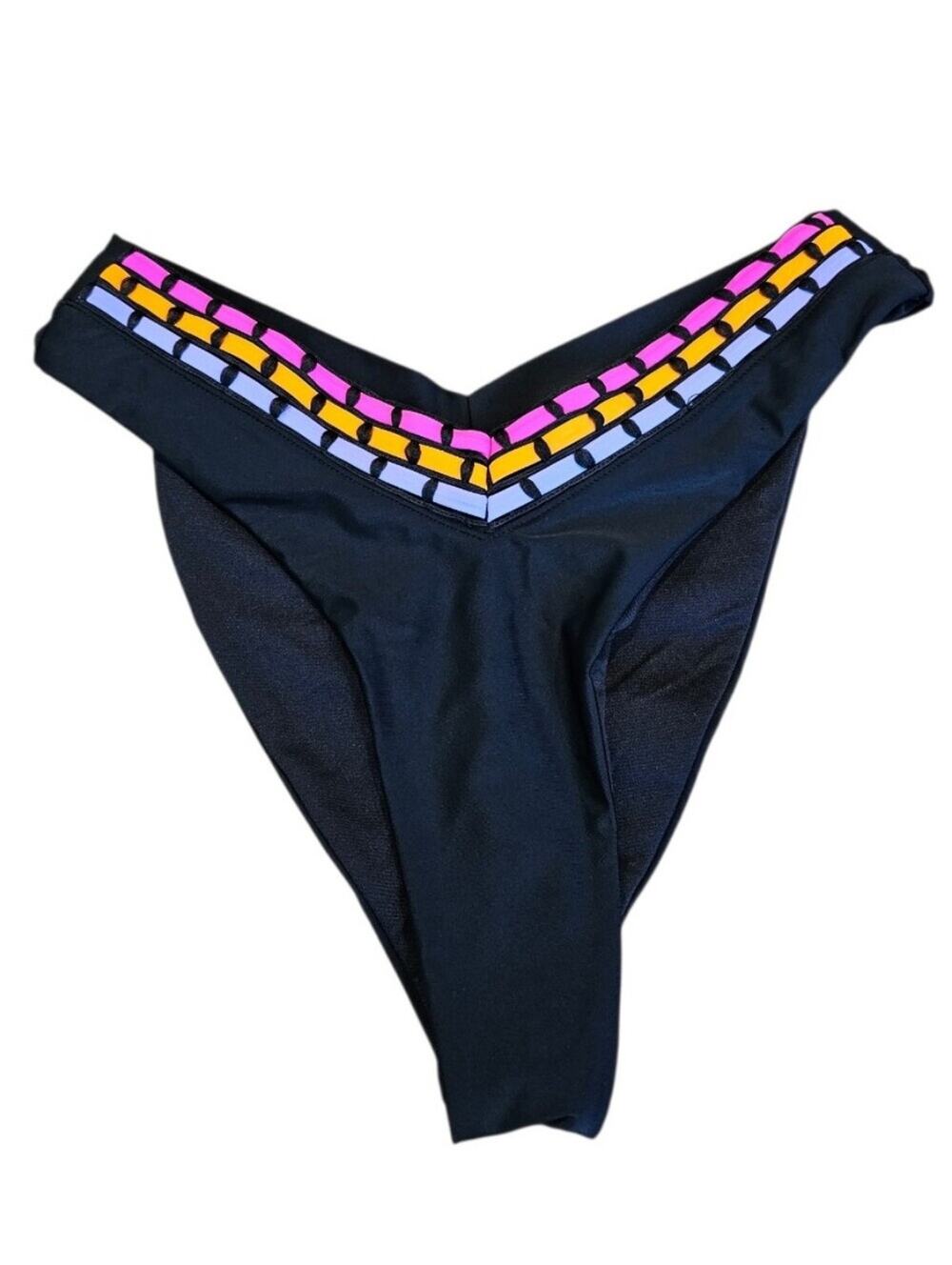 Jon Jon Fuego Black High-Cut Bikini Bottom with Pink & Yellow Trim Juniors